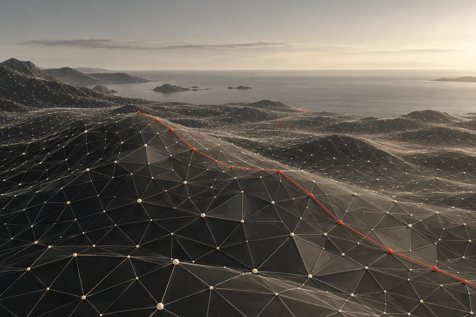 A transparent wireframe landscape connects brand knowledge through one vermilion route