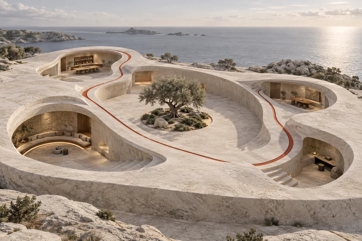 Connected workspaces carved into one continuous architectural foundation